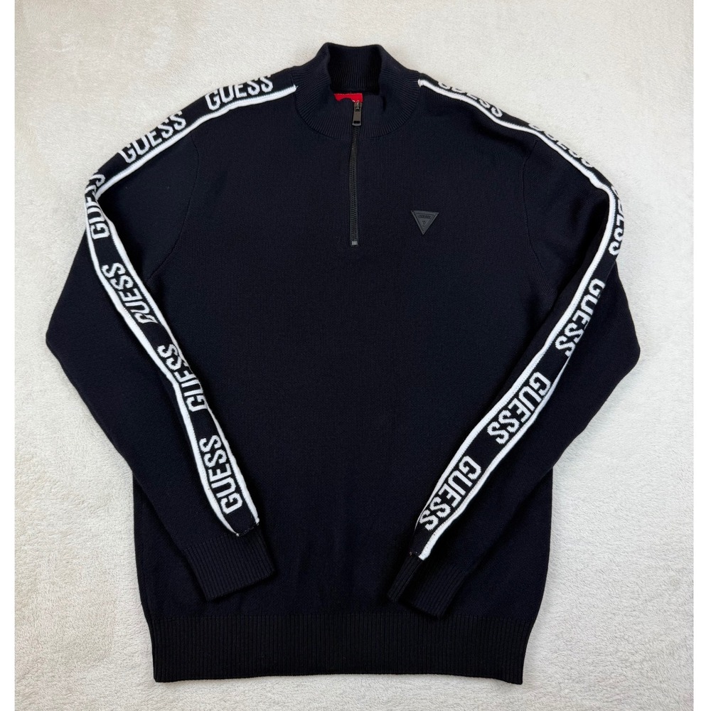 Guess Tom Mock Neck Zip Sweater XL Black Logo Tape Quarter Zip Knit NWT